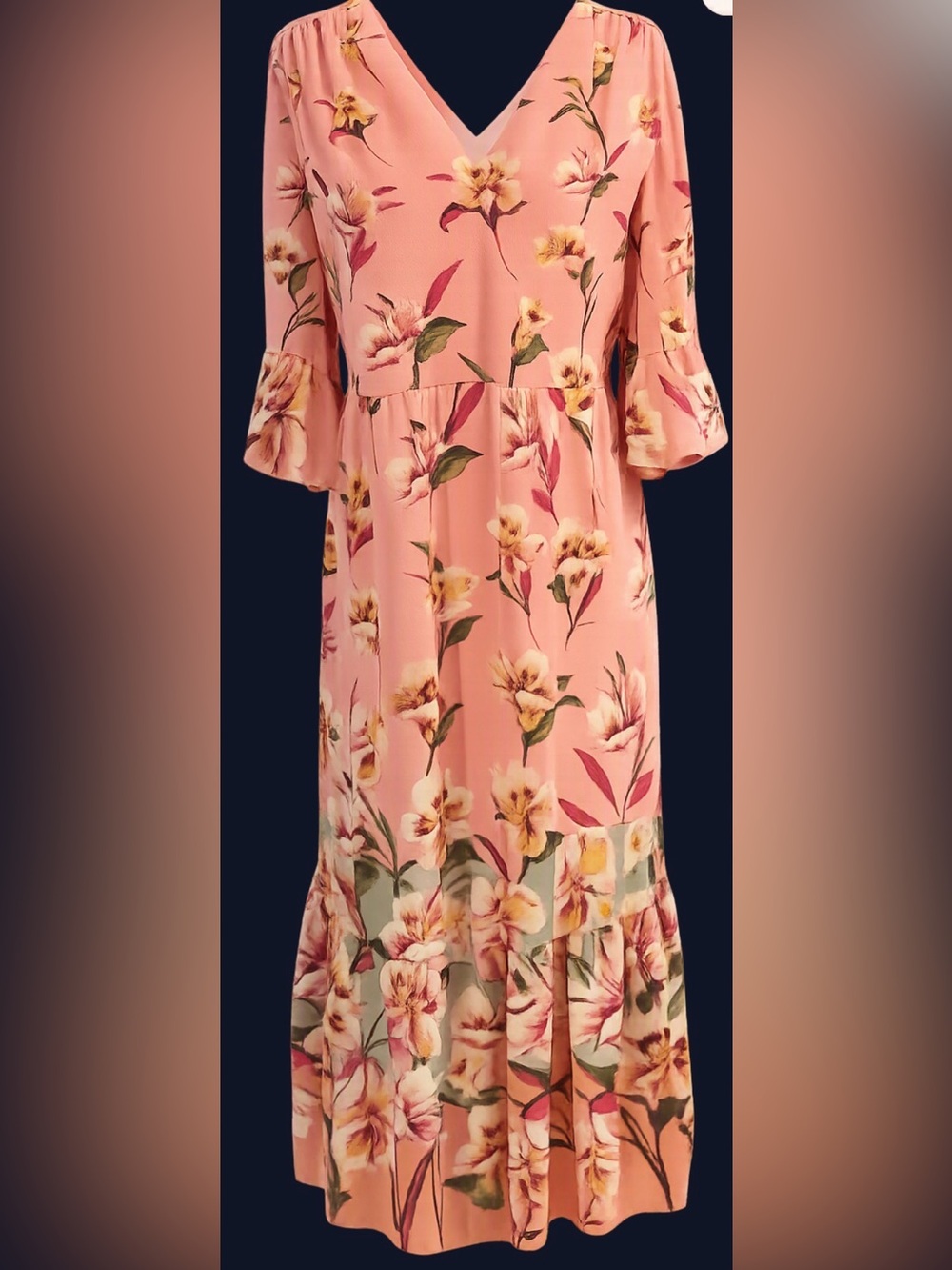 London Times 🌸Floral Pink V-Neck Midi Dress size 6 EUC